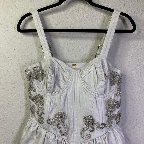 FREE PEOPLE Romper Janelle Bubble Style Size 4‎ Metallic Silver Hidden Side Zip - Picture 4 of 16